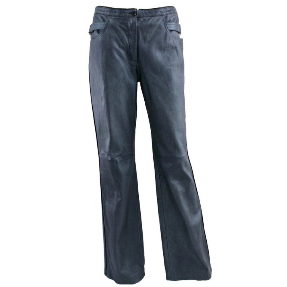 Vintage CALLAGHAN Steel Blue Leather Straight Leg Pants - Picture 1 of 12